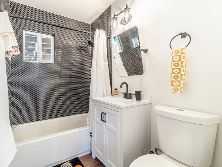 Clemson bathroom after: penny-tile shower wall and new vanity