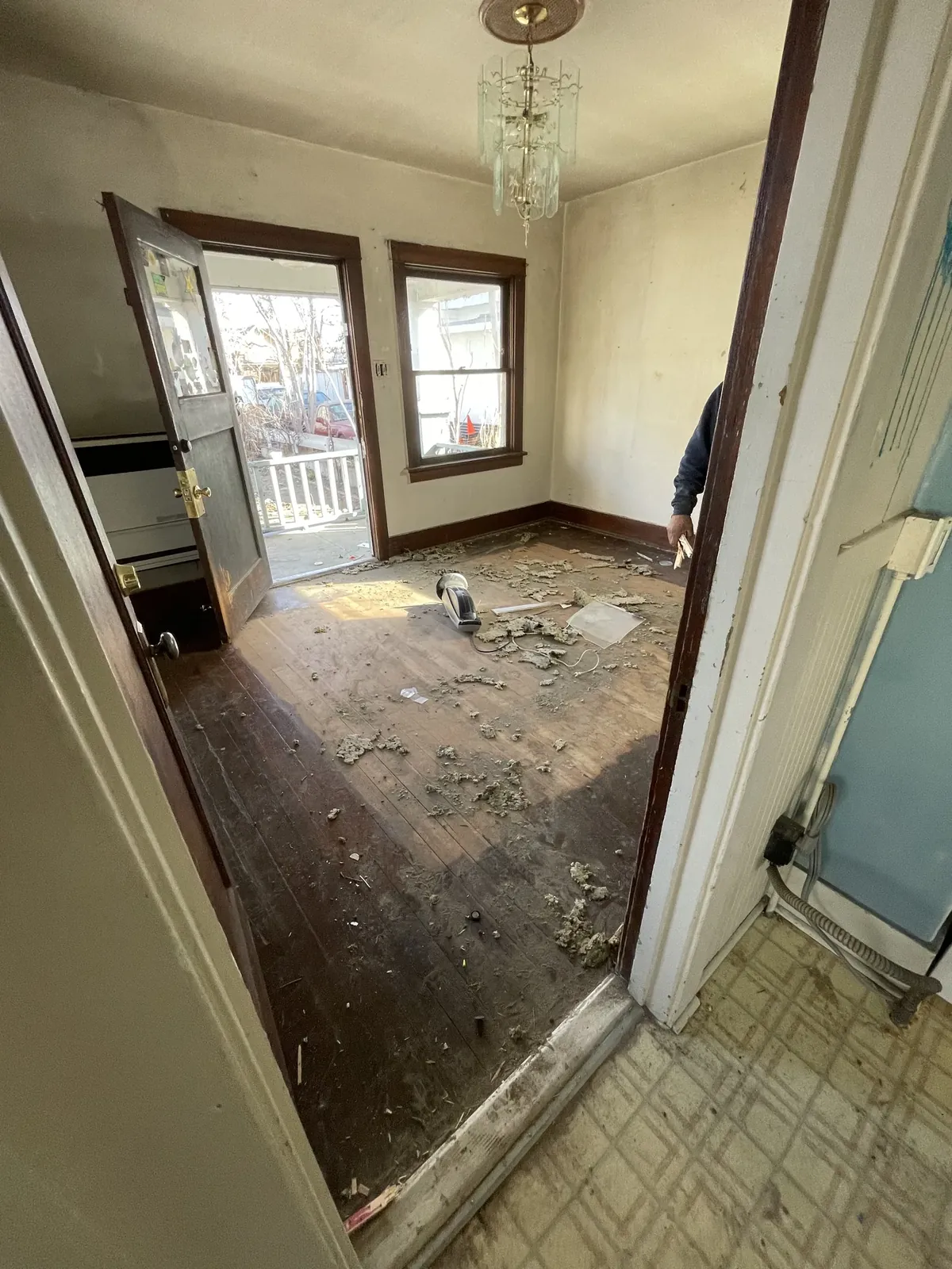 Vine St bedroom before: bare room mid-remodel